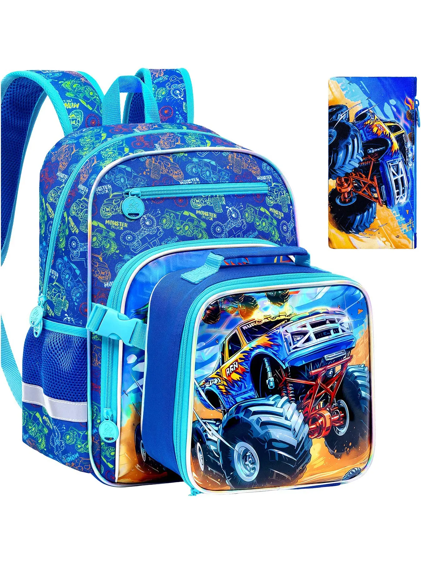 3PCS Truck Rolling Backpack Set, Truck Sports Style, Smooth Rolling Wheels, Large Capacity, Lunch Box & Pencil Case Included, Perfect for School & Sports, Boys and Kids, All Seasons Bag
