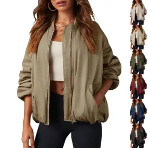 Women's Loose-Fitting Oversized Zip-Up Bomber Jacket - Long Sleeve Fully Lined Winter Outerwear, Fashion Casual Clothes with Functional Pockets