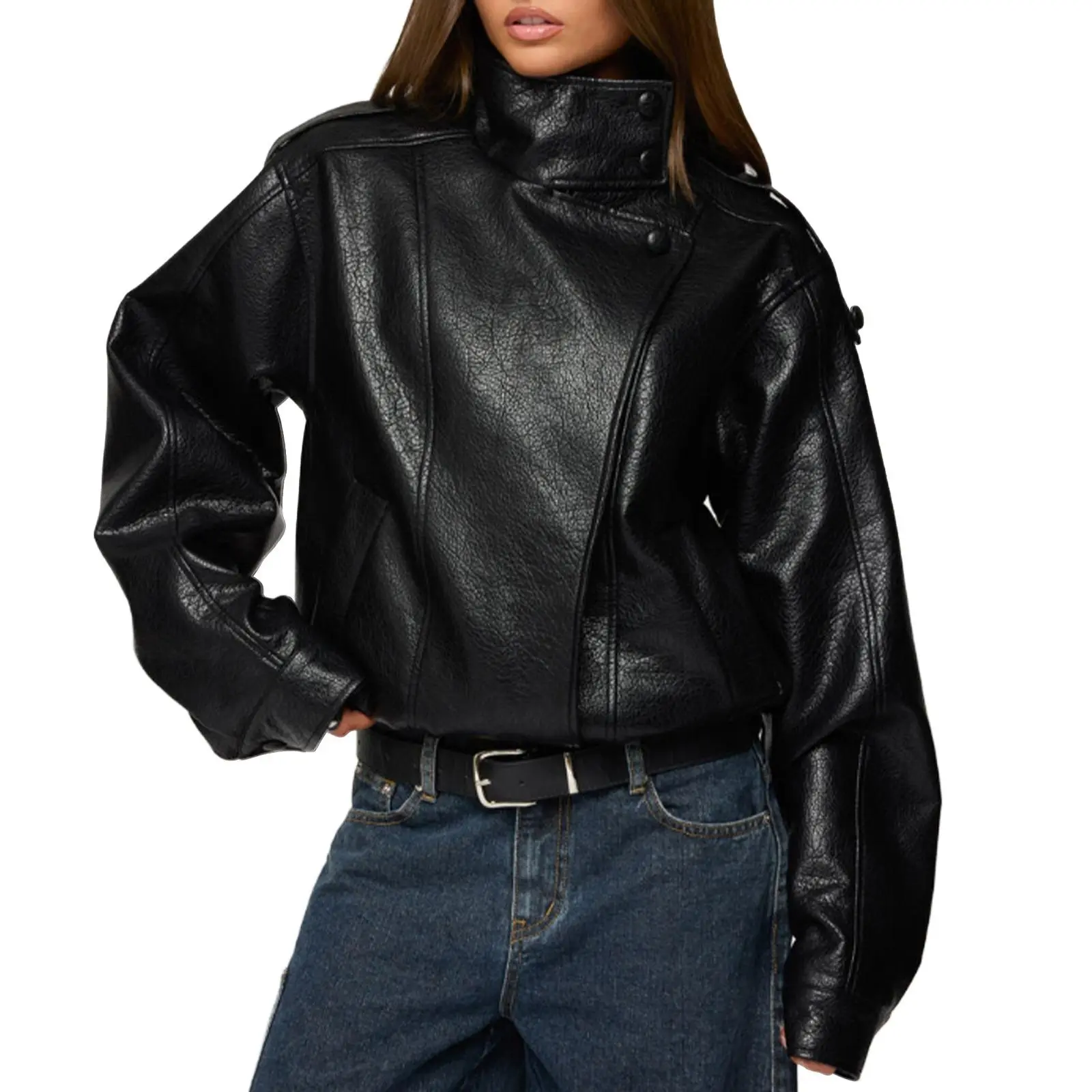 Cicy Bell Women's Comfortable Basic Smooth Faux Leather Bomber Jacket - Zip-Up Motorcycle Top, Loose Fit, Long Sleeve, Stand Collar, Elastic Hem, Side Pockets, Snap Buttons, Balloon Knitwear Accent, Everyday Fall Winter Outerwear
