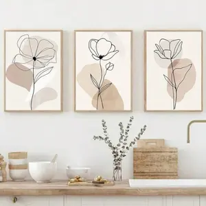 Optional Wooden Frame Bohemian Beige Neutral Plant Line Art Floral Abstract Design Simple Modern Home Decor Canvas Wall Art Decoration