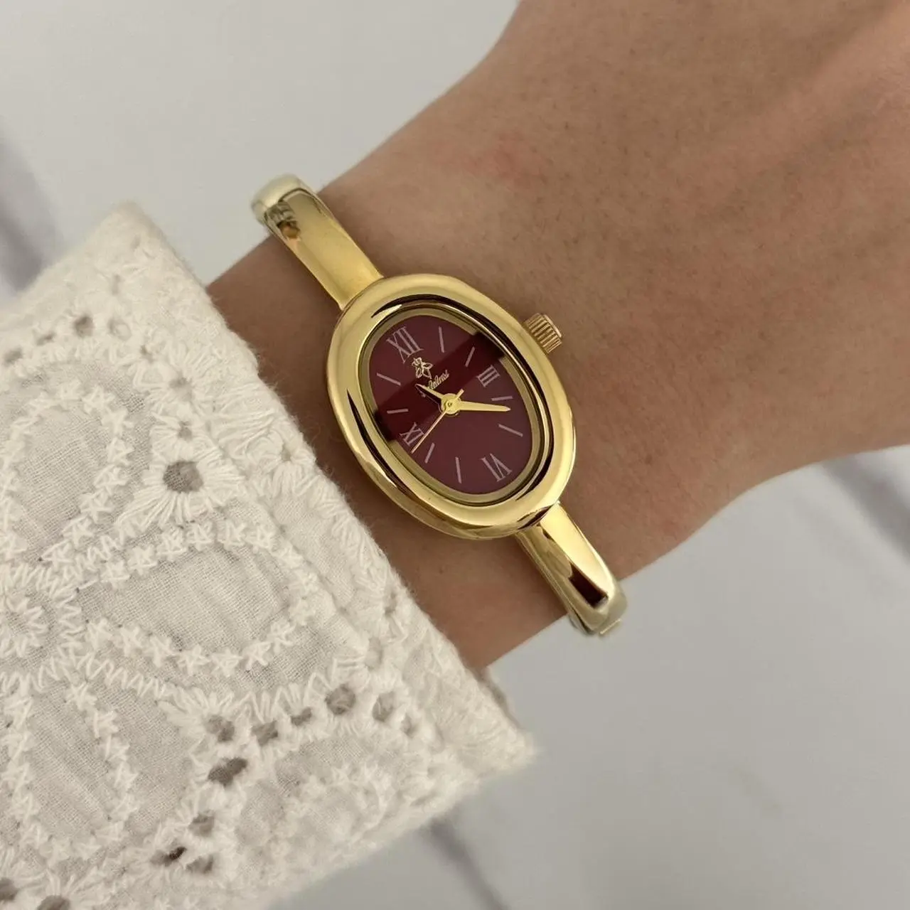 Vintage-Inspired Bangle Watch, Minimalist Gold-Tone Bracelets for Women with Red Dial, Stainless Steel Quartz Accessories, Accessories For Women, Watches For Women