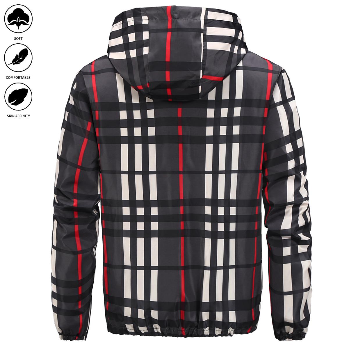 Men's jacket - Full zipper design, with pockets, casual style, perfect for autumn/winter wear, hooded collar, regular cut, checkered pattern, men's jacket.