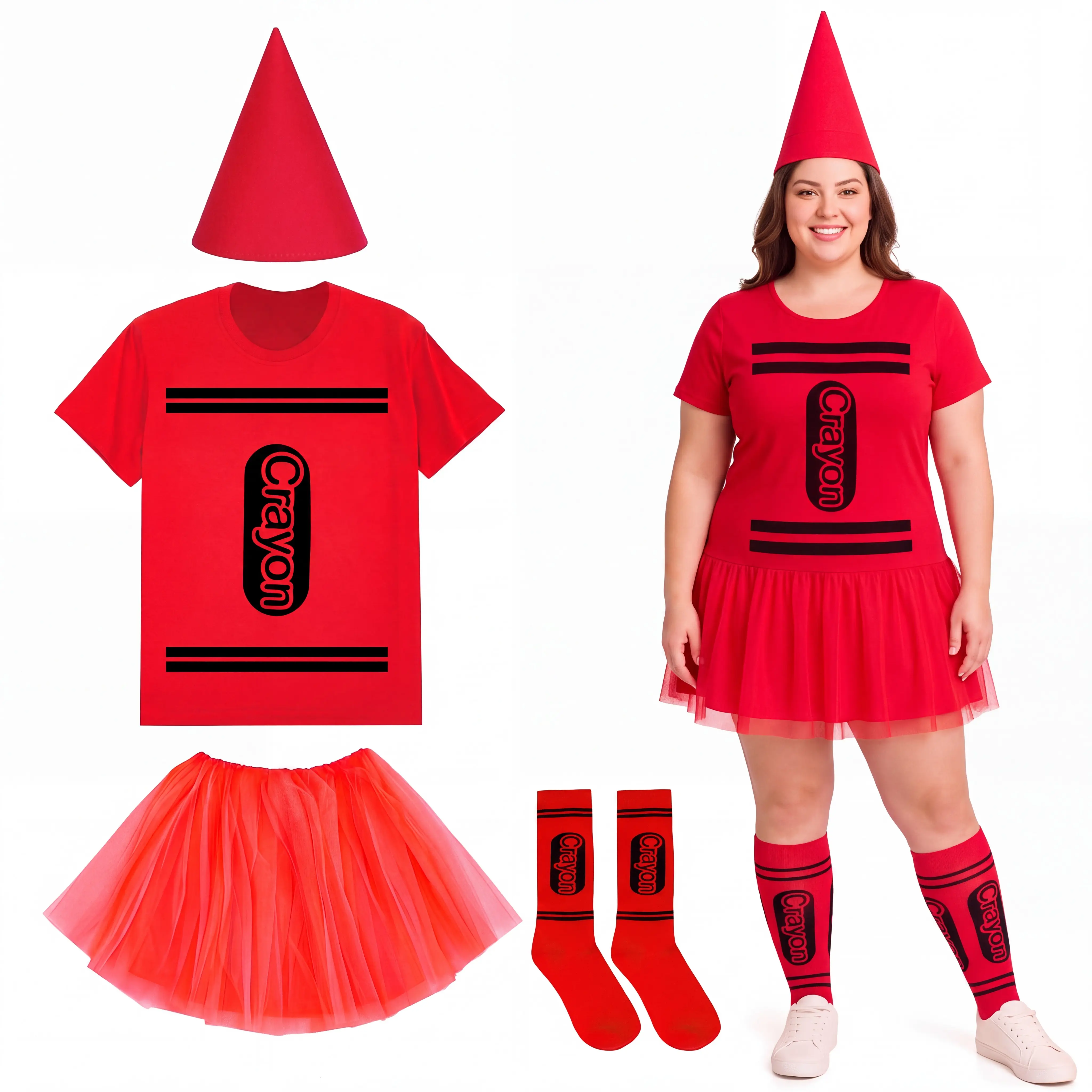 Halloween Crayon Costume Group Teacher Halloween Costume Book Character Cosplay Funny Teacher Outfit T-shirt & Tutu Skirt & Gnome Cone Hat & Socks for Preschool Kindergarten Elementary School Classroom Colorful Art Party Trick-or-treat Teacher Gift
