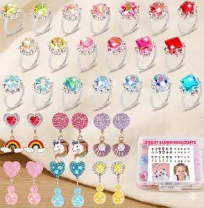 Little Girl Jewelry 5-7 Year Old Toddler Toys Girl Clip-on Earrings Adjustable Rhinestone Rings Pretend and Dress-up Rings for Girls Aged 4-12 Birthday Gift