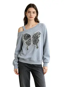 Women's Casual Butterfly Embroidered Sweatshirt, Gray Off Shoulder Asymmetrical Strap Top, Frayed Edge Long Sleeve Pullover, Fashion Daily Wear for Outdoor Activities & Relaxed Outfits