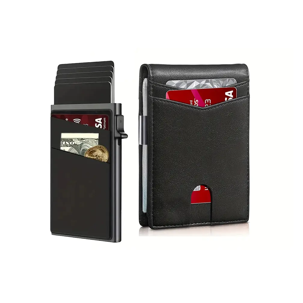 2 PCS Men Multifunctional Ultra-Thin RFID Blocking Wallet Set. Microfiber Bifold Wallet And Automatic Pop-Up Card Holder Aluminum Credit Card Holder, With Money Pocket, Multi Card Slots, Large Capacity Money Clip, Minimalist Front Pocket Design