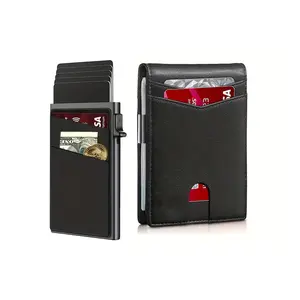 2 PCS Men Multifunctional Ultra-Thin RFID Blocking Wallet Set. Microfiber Bifold Wallet And Automatic Pop-Up Card Holder Aluminum Credit Card Holder, With Money Pocket, Multi Card Slots, Large Capacity Money Clip, Minimalist Front Pocket Design