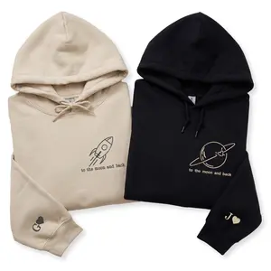 Custom To The Moon And Back Embroidered Hoodies for Couple, Matching Couple Hoodie With Rocket And Planet Design, Valentine Anniversary Gift For Couples