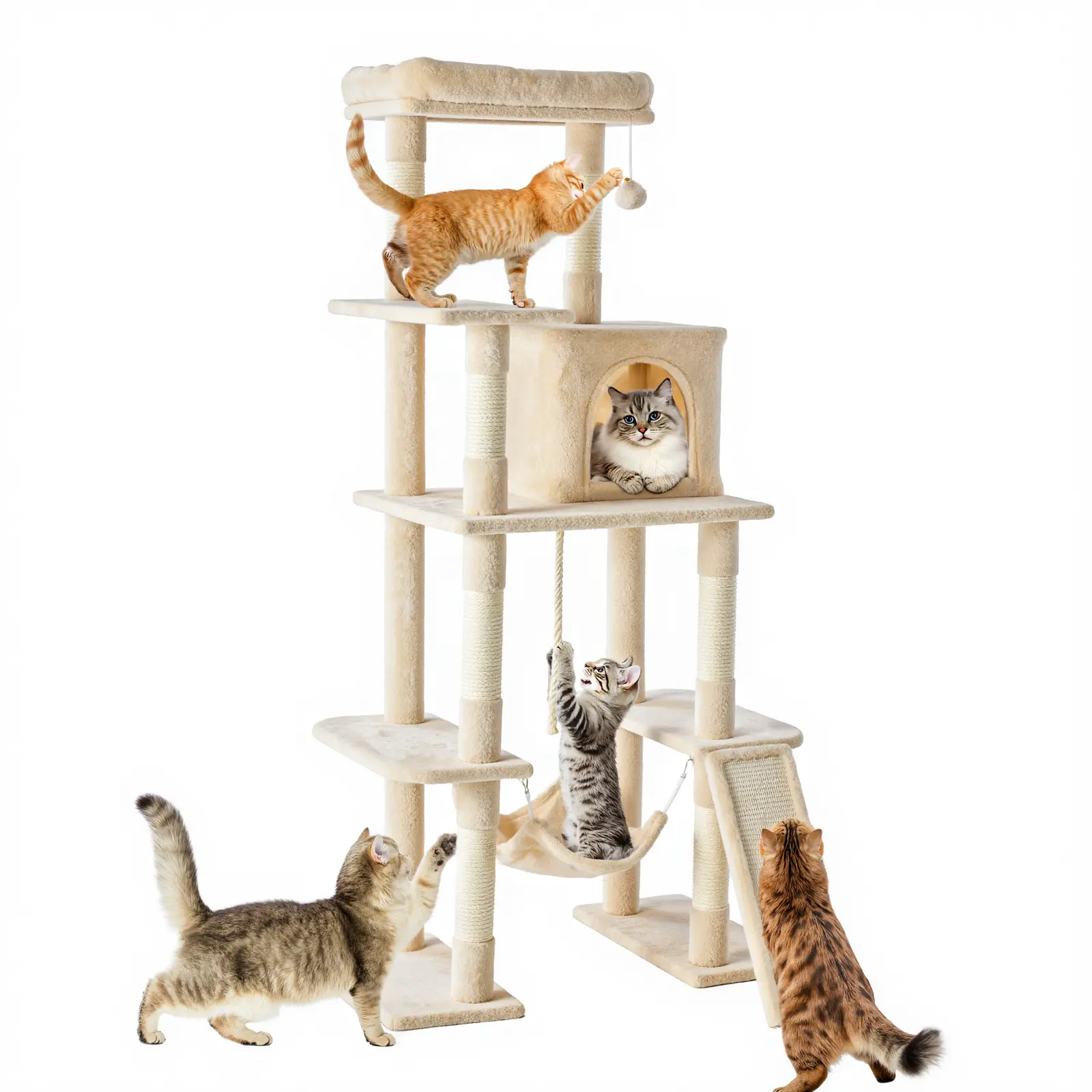 Sweetcrispy 63-in Large Multi-Level Modern Indoor Cat Tree Vertical Tower for Cats & Kitty - Natural Sisal Scratching Posts, Condo, Extended Platform, Hammock, Pet Home, Claw Health Support, Comfortable Rest Spot, Play Space, Indoor Use