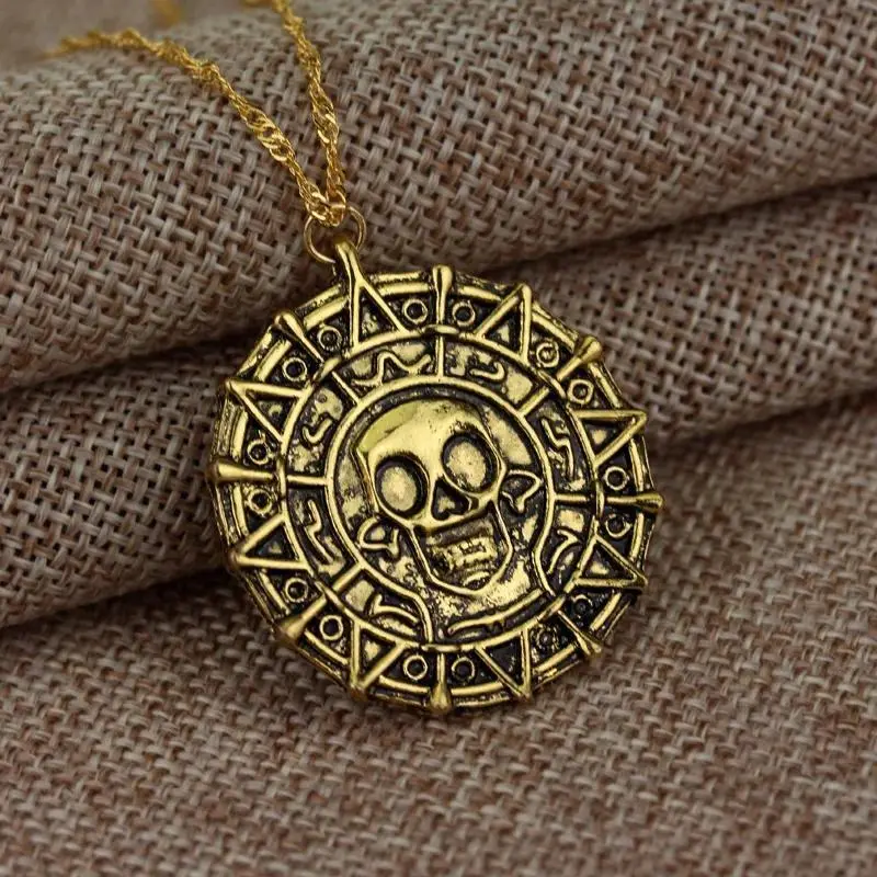 Retro Punk Skull Pendant Necklace - Unisex Caribbean Pirates Akg Aztec Gold Color Coin, Chunky Gold Jewelry Style, Alloy Chain for Party Wear