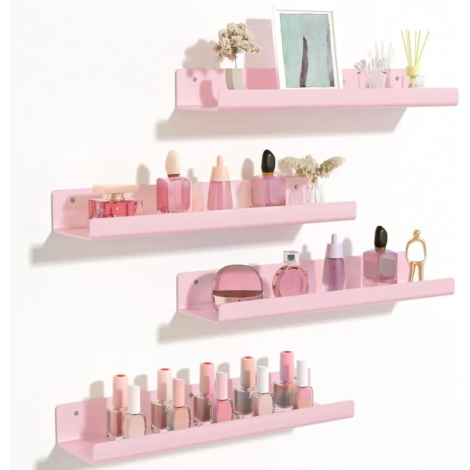 Wall Mounted Acrylic Shelves, 15" Display Shelf Organizer for Bathroom, Bedroom, Living Room, Floating Bookshelves for Kids, Pink, 4 Pack
