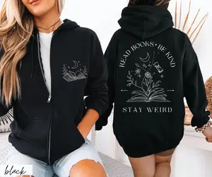 Read Books Be Kind Stay Weird Zip Up Hoodie, Front and Back Whimsigoth Bookish Hooded Sweater, Celestial Book Lover, Gift Idea for Bookworm