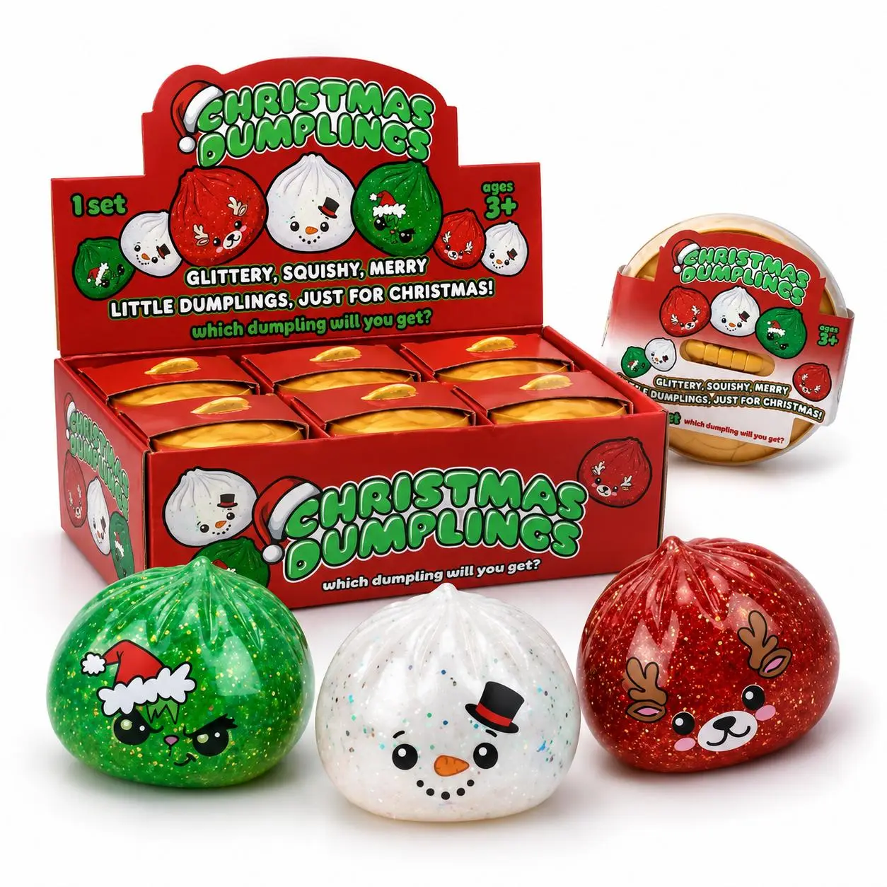 Christmas Dumpling Squishy Toy, Glitter TPR Squeeze Fidget, Cute Sensory Stress Relief Gift Toy, Stocking Stuffer, Holiday Desk Toy and Party Favor