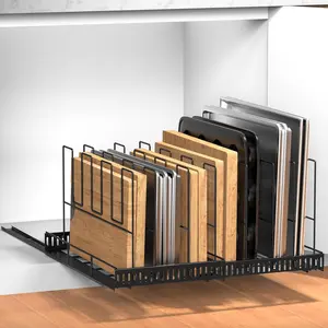 Expandable Pull Out Baking Tray and Cookie Sheet Organizer, 13"-22" Width Expandable Cutting Board Holder with 8 Adjustable Dividers, 20" Deep Bakeware Storage Rack for Cabinet, Black