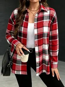 Women's Vintage Plaid Polyester Flannel Shirt - Loose-Fitting Button-Up Women's Top, Versatile All-Season Layering Piece