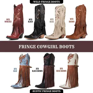 CELNEPHO Womens Cowboy Boots Western Fringe Mid Calf Boot Pointed Toe Classic Tassel Embroidered Chunky Block Heel Retro Western Easy Pull on Gifts Country Wedding Party Concert Spring Summer Festival Dress Cowgirl Shoes Deals For You Days