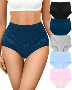 Women's 5-Pack High-Waist Cotton Briefs - Center Lace, Breathable, Soft Stretch, Hip-Lifting Full Coverage Underwear for Everyday Wear