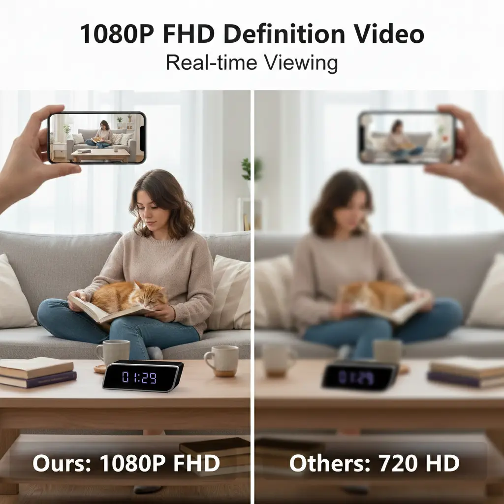 Alarm Clock Camera 2-in-1, 1080P FHD Video Recording with Time Display, HD Night Vision, 2600mAh Long Battery Life, WiFi & AP Hotspot Remote Viewing, Local Storage, Smart Home Device for