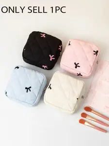 Bow Embroidery Quilted Makeup Bag, Small Portable Handheld Cosmetic Pouch for Women, ONLY 1 PC