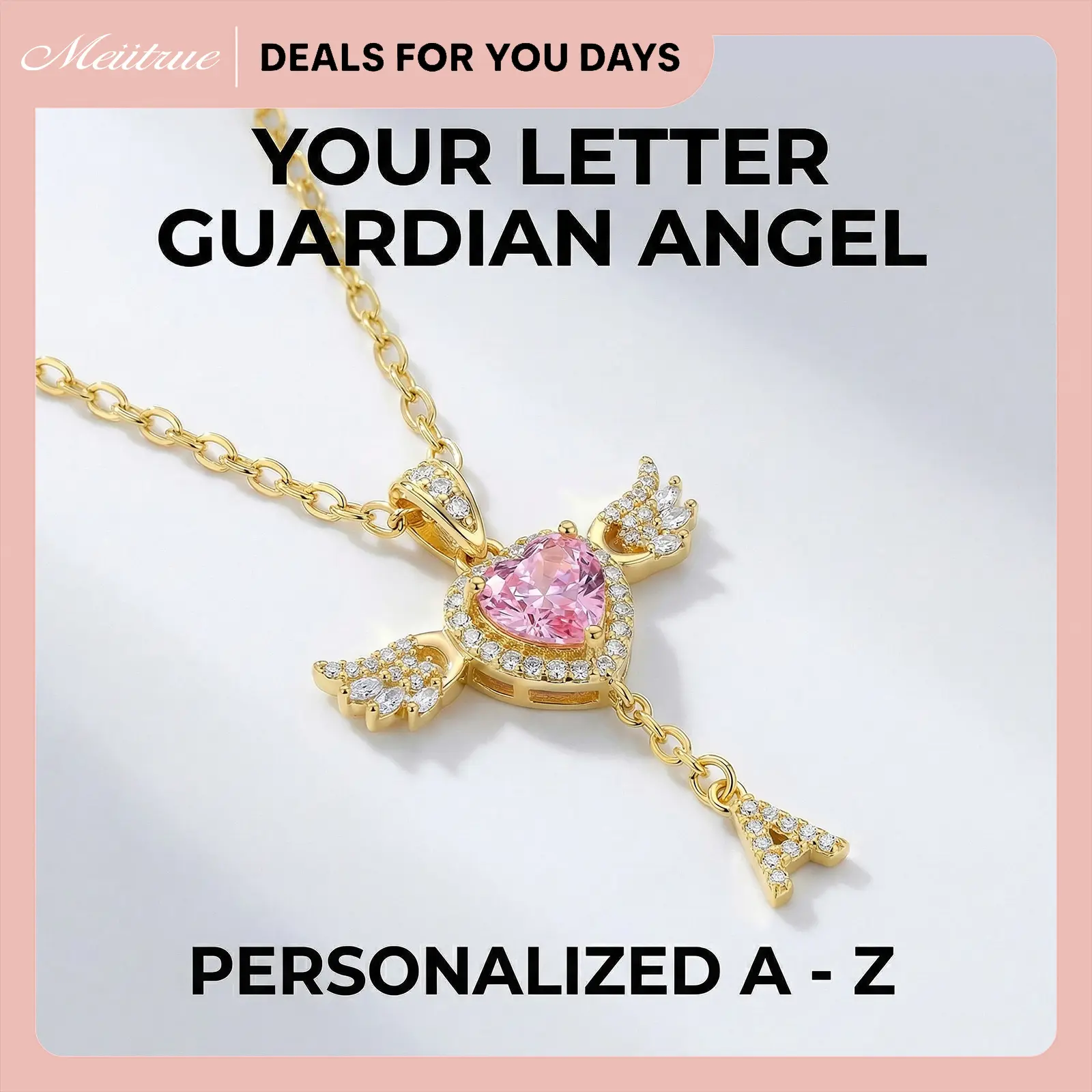 MEIITRUE Your Letter Guardian Angel, Personalized Initial Necklace 14K Gold Plated Heart Zirconia Movable Wings Jewelry, A-Z Pendant Gift Box for Women, Mom, Wife, Daughter, Sister, Friend, Classmate, Teacher, Grandma, Aunt, Bride