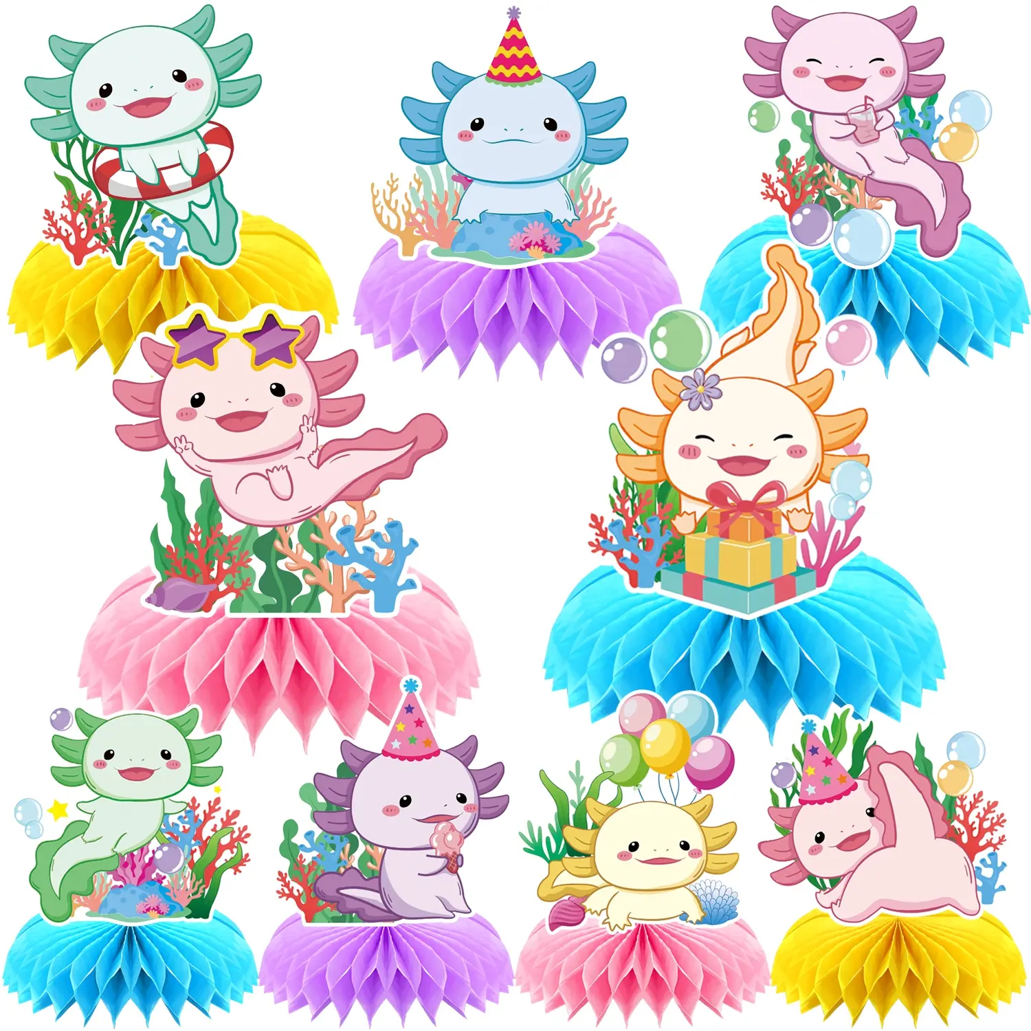 9Pcs Colorful Axolotl First Birthday Centerpiece Decorations Table Decorations Cute Pink Blue Green Yellow Animals Birthday Party Decor Themed Baby Shower Birthday Party Supplies Decorative Props Party Event Props Dining Table Centerpiece