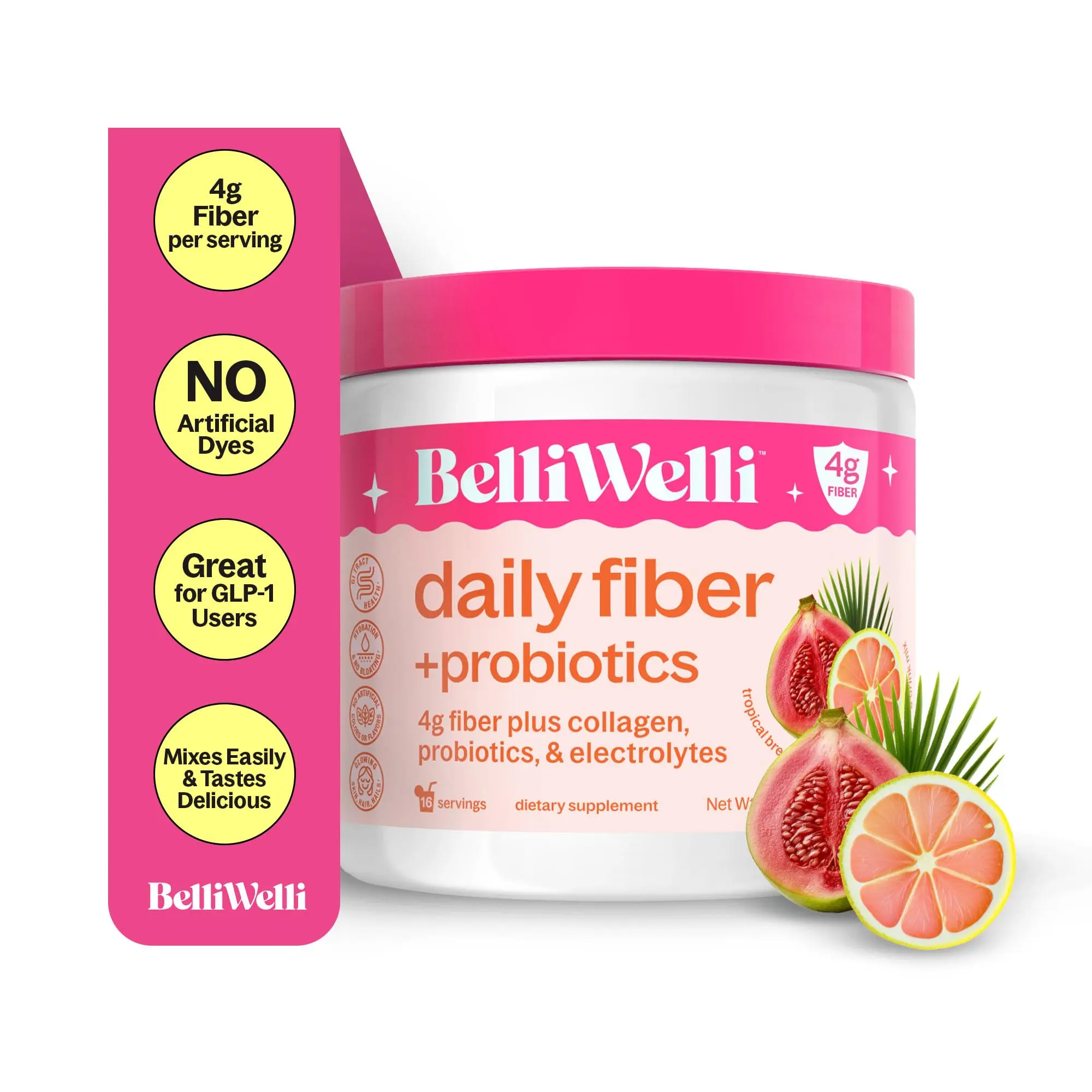 BelliWelli Fiber Supplement for Women & Men – Premium Daily Fiber Powder from Organic Acacia with Added Collagen, Electrolytes & Probiotics – No Bloat, Constipation & Gut Health Support (Tropical)