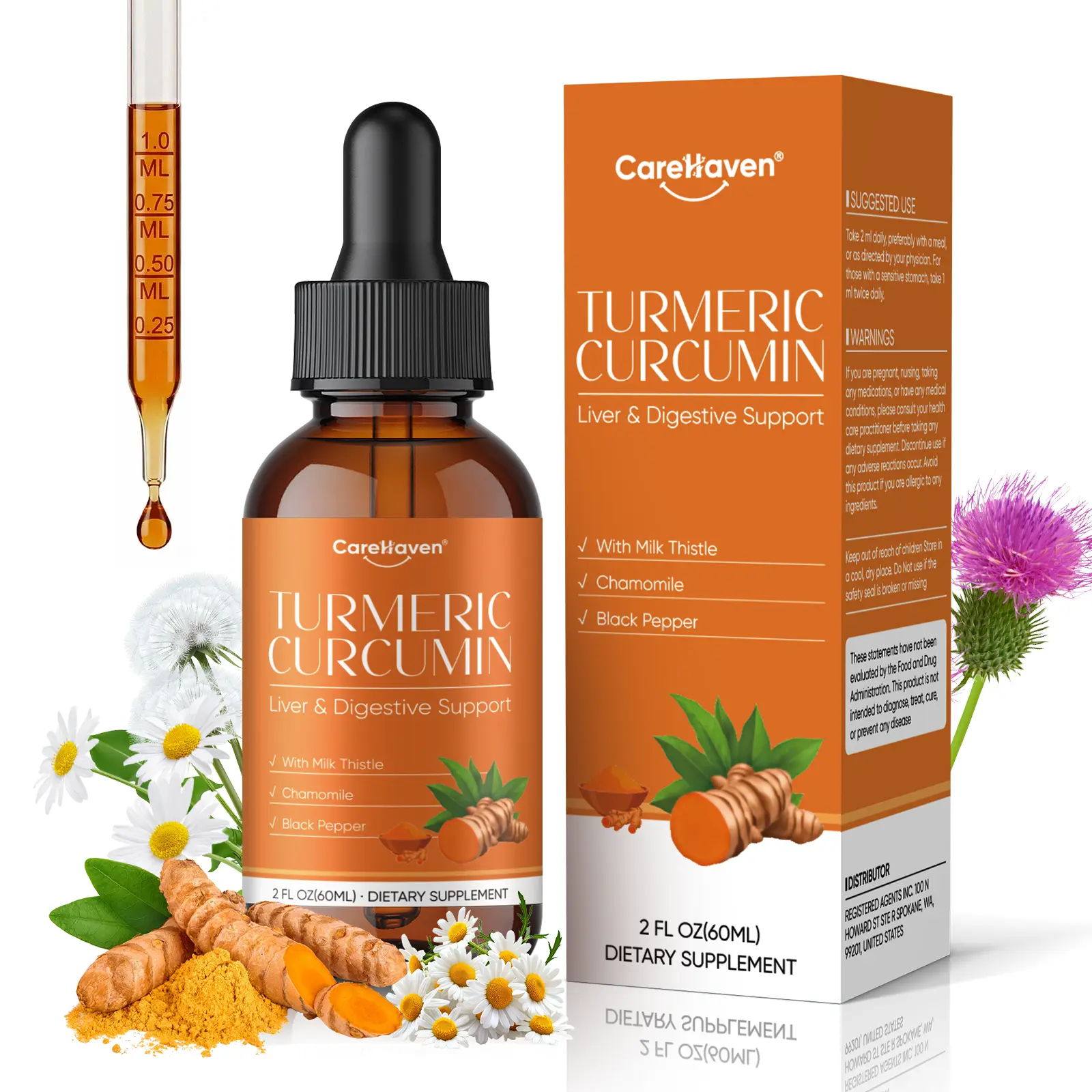 CareHaven Turmeric Curcumin & Milk Thistle Liquid Drops - Gluten-Free Liver Support Supplement with Black Pepper, Ginger & Herbal Extract, 2 fl oz Immune Support Supplement