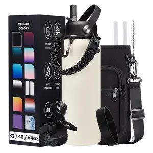 Insulated Water Bottle with Straw & Spout Lids - 32/40/64/87/128oz Stainless Steel Water Bottles, Paracord Handle, Carrier Bag with Strap, Protective Cup Mat, Metal Gallon Water Flask Keep Cold-48H & Hot-12H