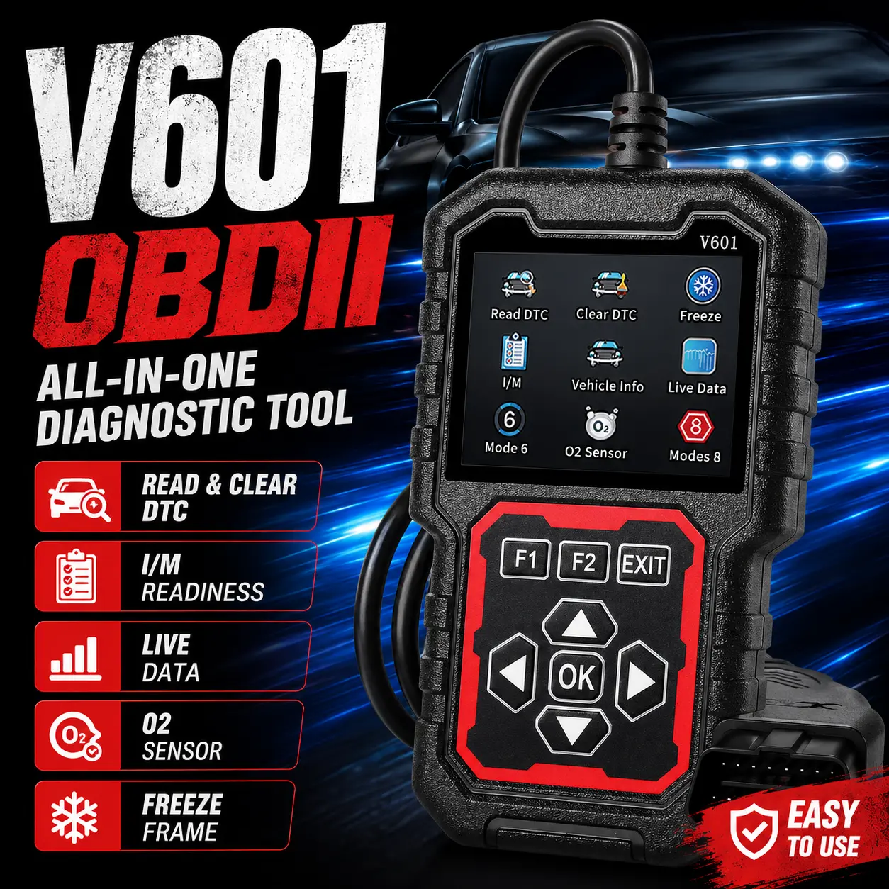 V601 OBD2 Scanner Diagnostic Tool, OBDII Code Reader for Check Engine Light, Read & Clear DTC, Live Data, I/M Readiness, Freeze Frame, O2 Sensor, Mode 6/8, Vehicle Info, Plug & Play Car Scan Tool