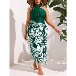 Curve Friendly Plus Size Two Piece Swimsuit | Halter Crisscross Cutout Tummy Control Bathing Suit with Tropical Print Sarong Cover Up