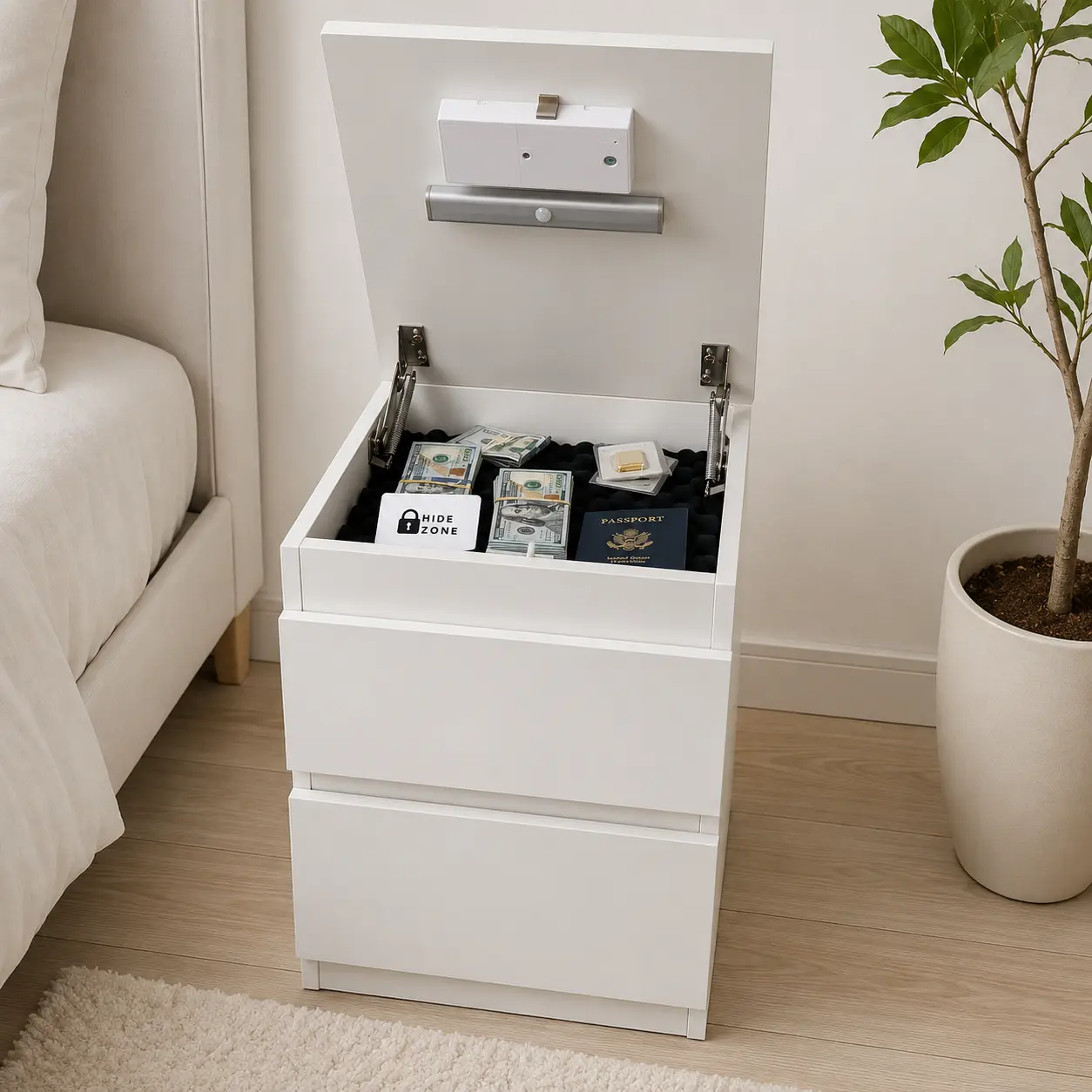 Modern Nightstand with Hidden Lockable Compartment – Secret Storage Bedside Table with Concealed Drawer, Wooden End Table for Bedroom, Hidden Safe Furniture for Valuables, Passport, Cash & Jewelry, Modern Black / White Nightstand Home Security Furniture