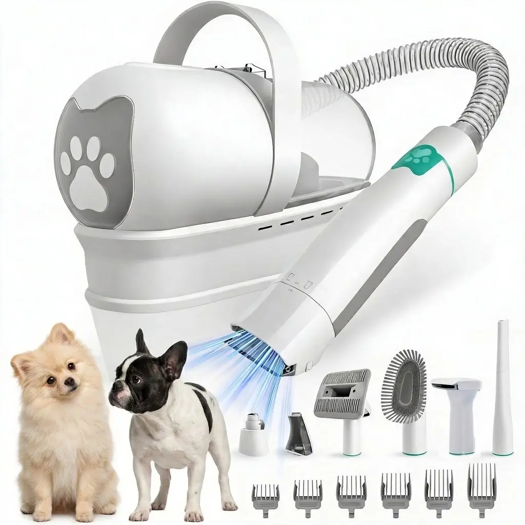 Electric Pet Grooming Vacuum and Shaver Station for Small Medium Dogs Cats, 7-in-1 Hair Vacuum with 3 Suction Modes, 6 Clipping Guards & Paw Trimmer Kit