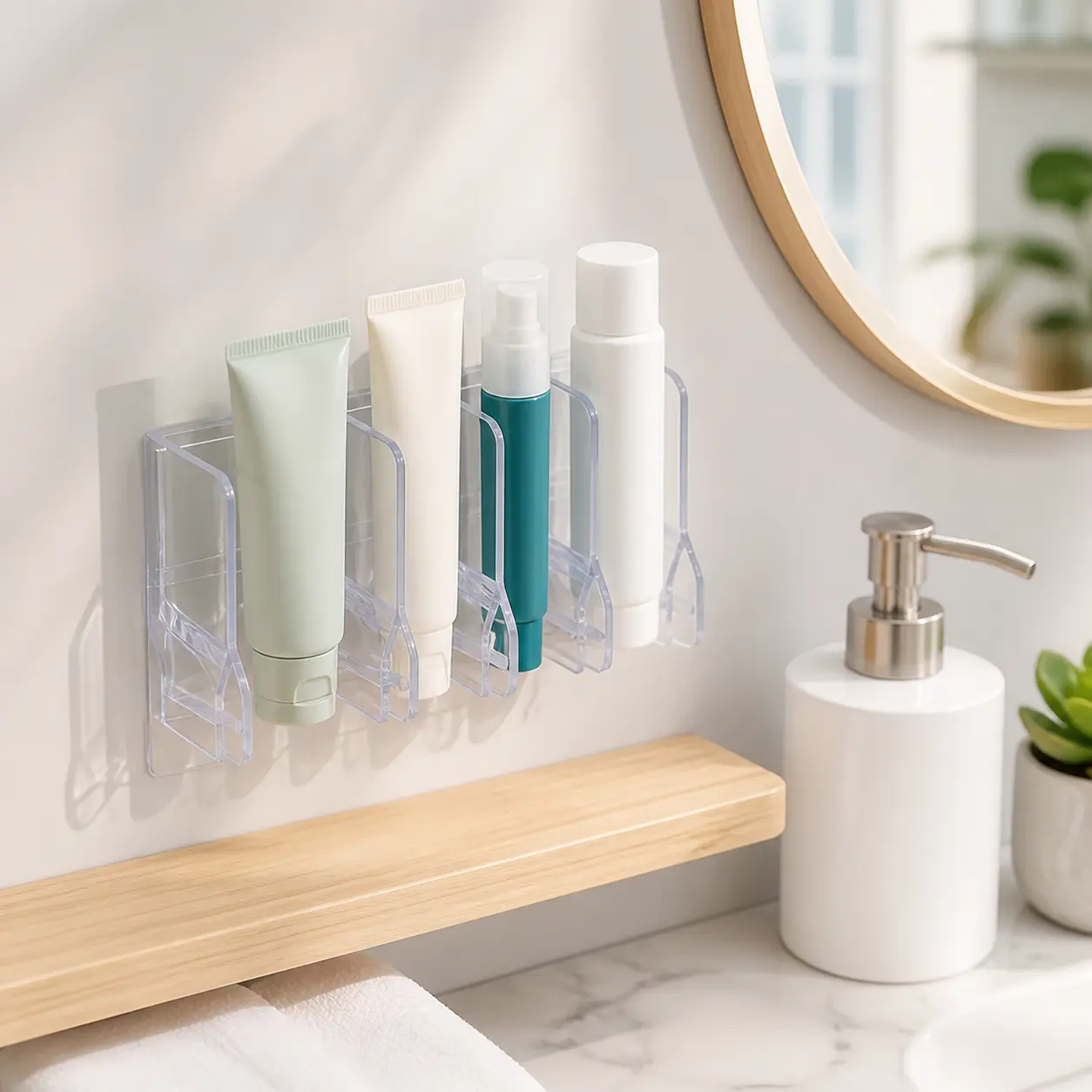 1 Count, Clear Wall Mount Storage Rack, Punch-Free Self-Adhesive Wall Hanging Holder for Bathroom Skincare Tubes and Small Toiletries Organization