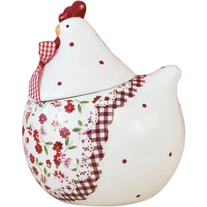 Rural Chicken and Flower Pattern Ceramic Easter Sugar Canister Rooster Hen Cookie Jar Ceramic Storage Jar Food Storage Can with Airtight Lid-Red-35 OZ
