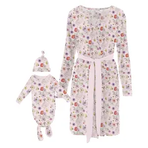 Women's Print Mid-Length Lounge Robe & Knotted Layette Gown Set in Shrinking Violet Pressed Flowers