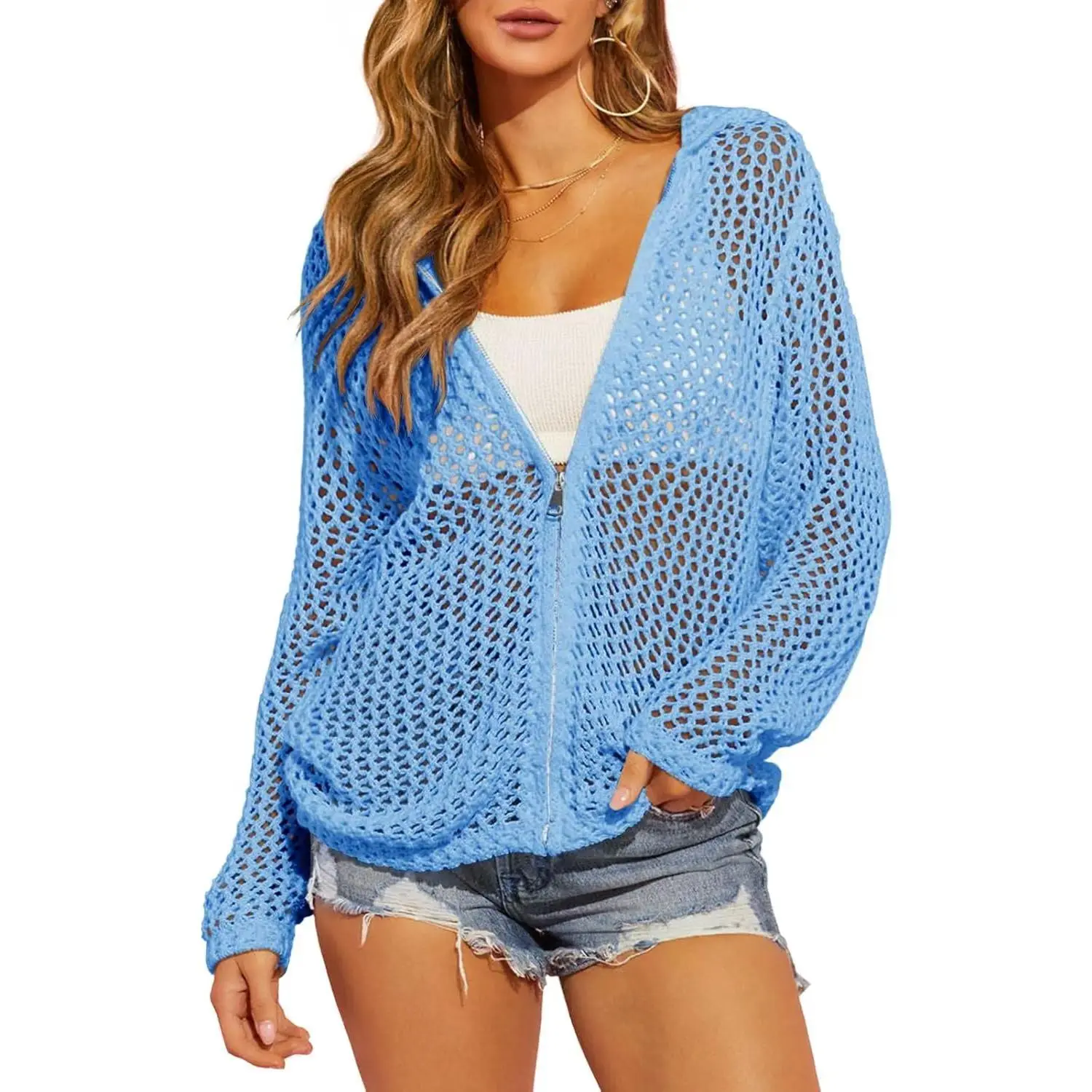 【Summervibes】Women's Loose Fit Breathable Crochet Lightweight Zip-Up Hooded Long Sleeve Knit Cardigan, Solid Colors Machine Wash Beach Cover Ups for Spring Summer Swimsuit