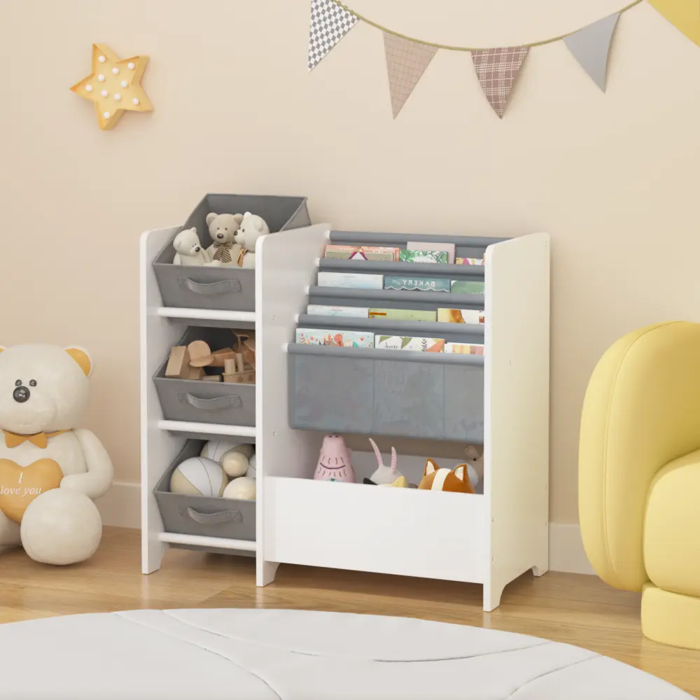 Kids Wooden Bookcase & Toy Storage Organizer - Toddler Book Display Rack with 3 Fabric Bins, Modern Nursery Playroom Furniture