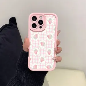 Pink Strawberry Design High Bamboo Case for iPhone 17 Pro Max 16 16e 15 14 Plus 13 12 Mini 11 Air X XS Pattern Soft TPU Rubber Camera Protection Rugged Mobile Phone Cover Valentine's Day  Gift 2D printing