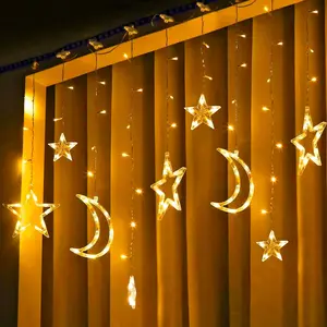 138 LED Star Moon Lights, Twinkle Christmas Curtain String Lights with 8 Modes, Battery Operated Fairy Star Moon with Hooks, Hanging Decor for Ramadan, Bedroom, Wedding, Warm White