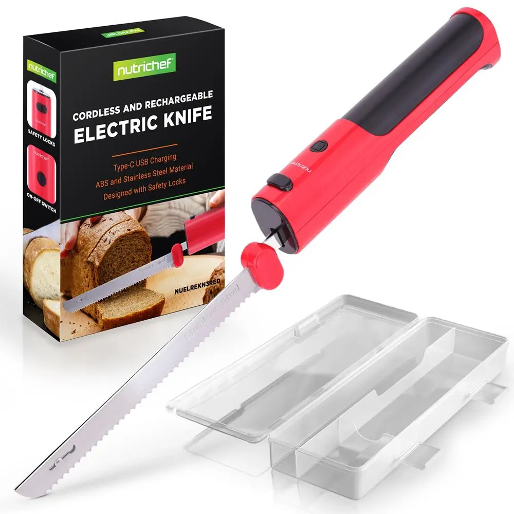 Cordless Electric Knife – Red | Rechargeable Handheld Carving Knife with Safety Lock - Stainless Steel Knife for Bread, Cakes, Meats & Roasts - Portable Kitchen Cutting Tool for Daily Use