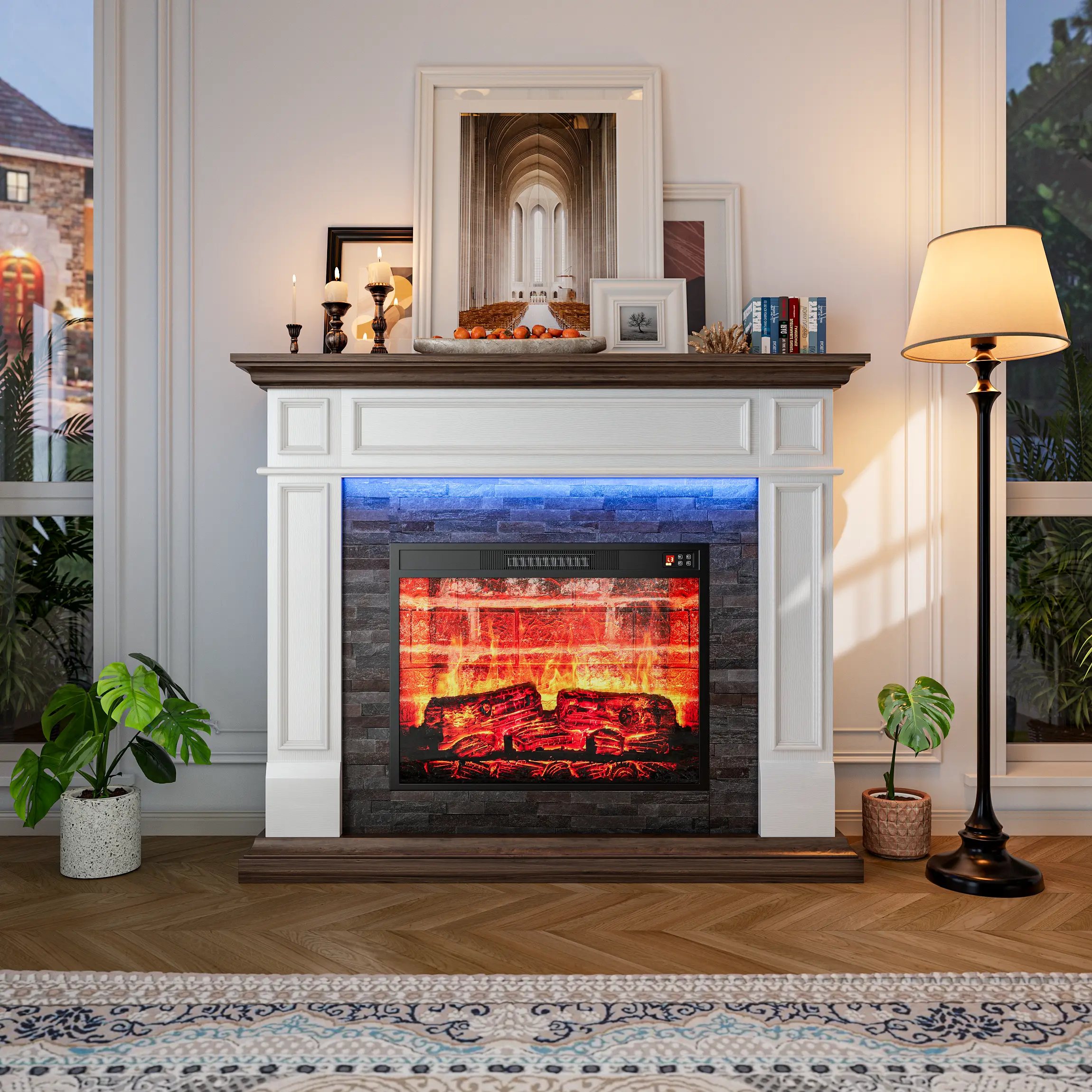 【2 Packages shipped] LGHM 44" /72‘’/104‘’Electric Fireplace with Mantel, Fireplace TV Stand for TVs , Farmhouse Entertainment Center with Storage, Fireplace Heater Insert with Realistic 3D Flame for Living Room,Bedroom，Traditional Fireplace Mantel