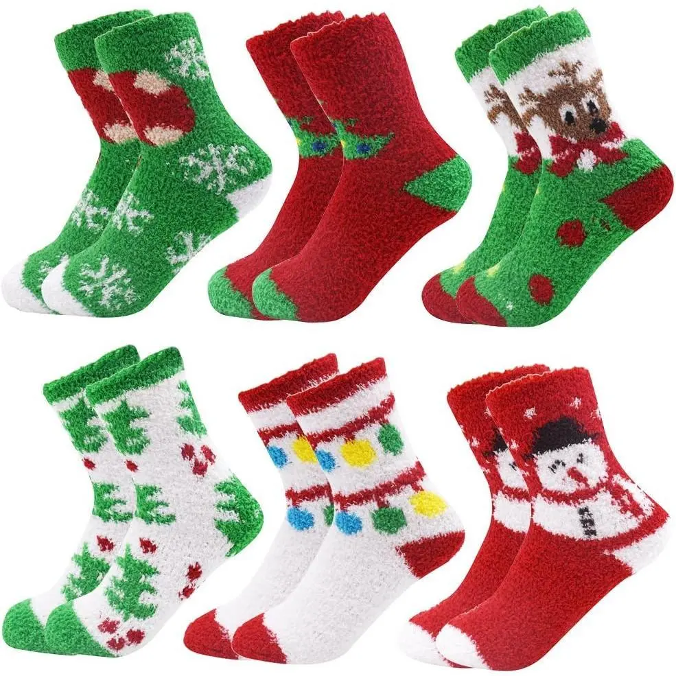 6 Pairs Adult Christmas Slipper Socks in a Customized Holiday Gift Box, Warm Fluffy Polyester with Anti-Slip Grips, House Slippers, Above Ankle Cut, Spandex Added