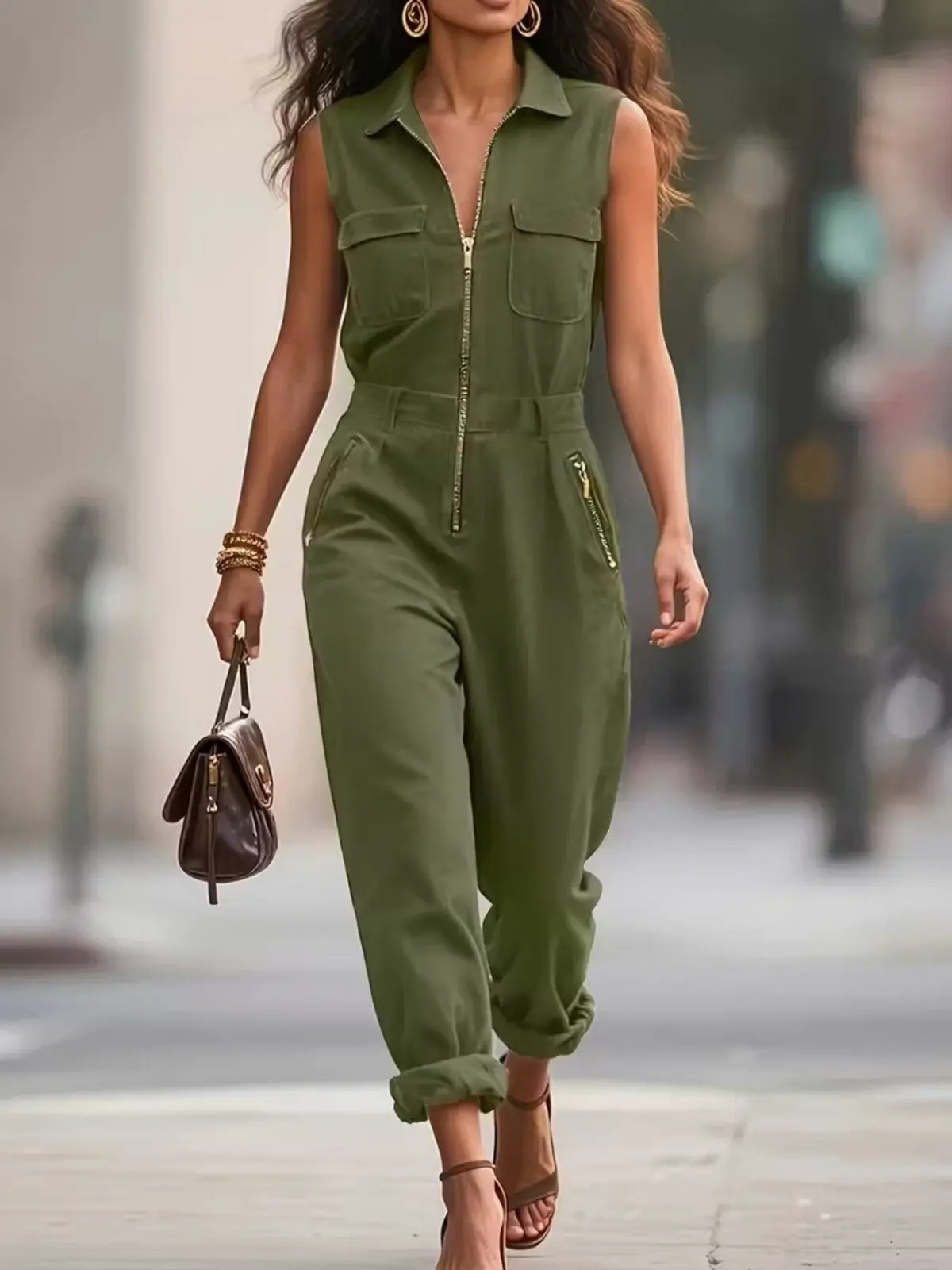 Women's Relaxed Fit Sleeveless Lightweight Jumpsuit with Front Zipper - Sizes S,M,L for Everyday & Evening Wear