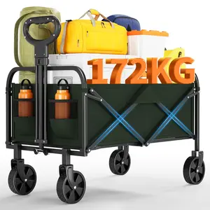 Heavy Duty Collapsible Wagon Cart, 380Lb Capacity Foldable Utility Wagon with 5" All-Terrain Wheels & Drink Holders for Grocery Shopping,Green