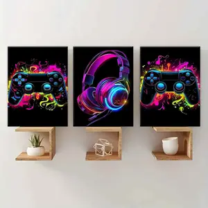 3-Piece Neon Style Gaming Controller Posters, Solid Wood Frame Canvas Art, Modern Wall Decor for Game Room & Living Area, Wooden Wall Art