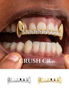 CRUSH CR Y2K Vampire Fang Iced Out Grillz for Women, 18K Gold Plated Edgy Fang Design with Shiny CZ Accents, Hypoallergenic and Removable, Perfect for Festival Fits, Rave Outfits, Streetwear Looks, Teeth Cover Girls, 2000s Vibes Dental Jewelry