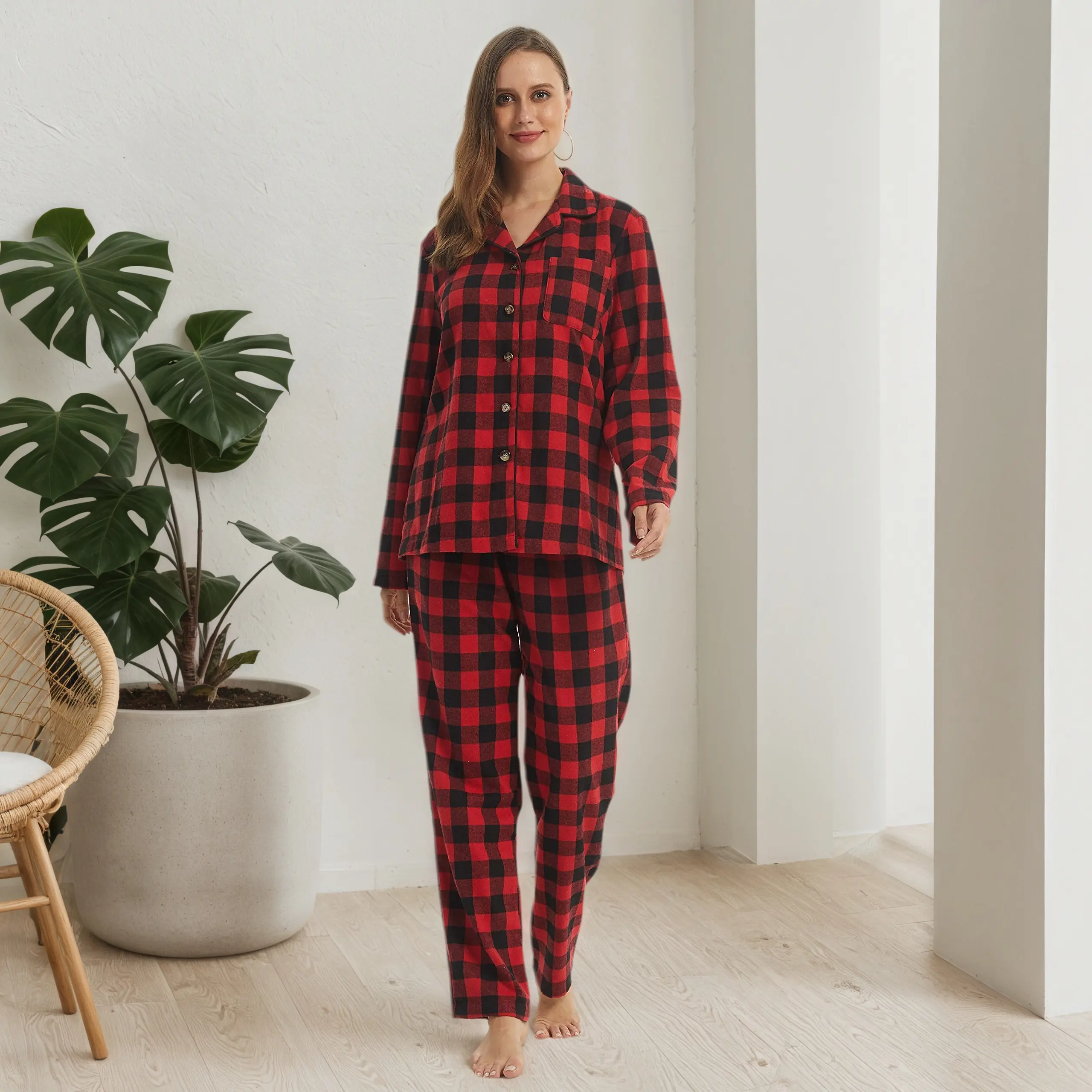 Women's 2-Piece Soft Flannel Plaid Pajama Set - Longsleeve Button-Up Shirt, Elastic Waist Drawstring Pants, Polyester-Cotton, Comfortable Elegant Breathable Sleepwear Loungewear