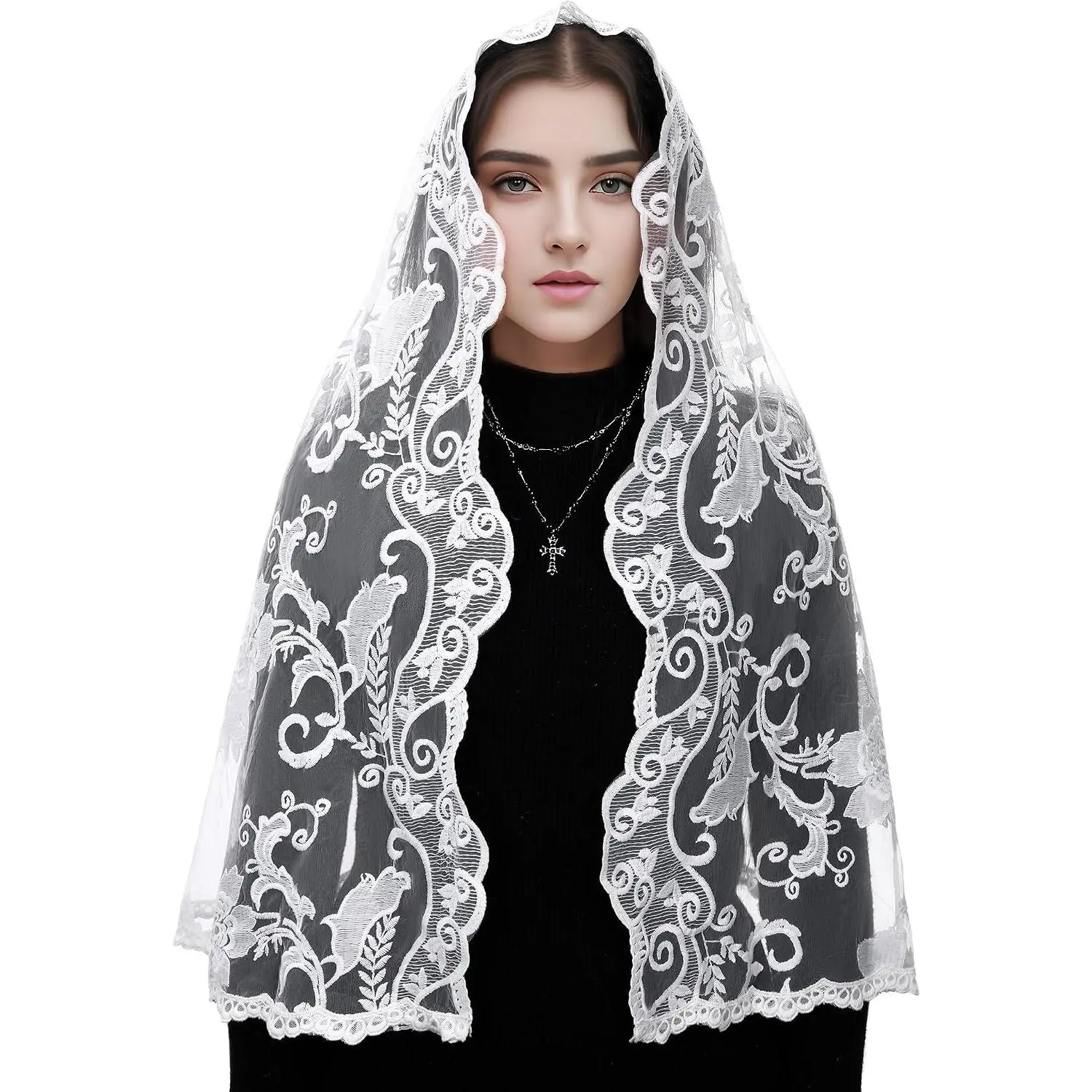 Mantveil Lace Mantilla Chapel Veil: Long D Shaped White Flower Embroidered Church Veils for Women Catholic Latin Mass Head Covering