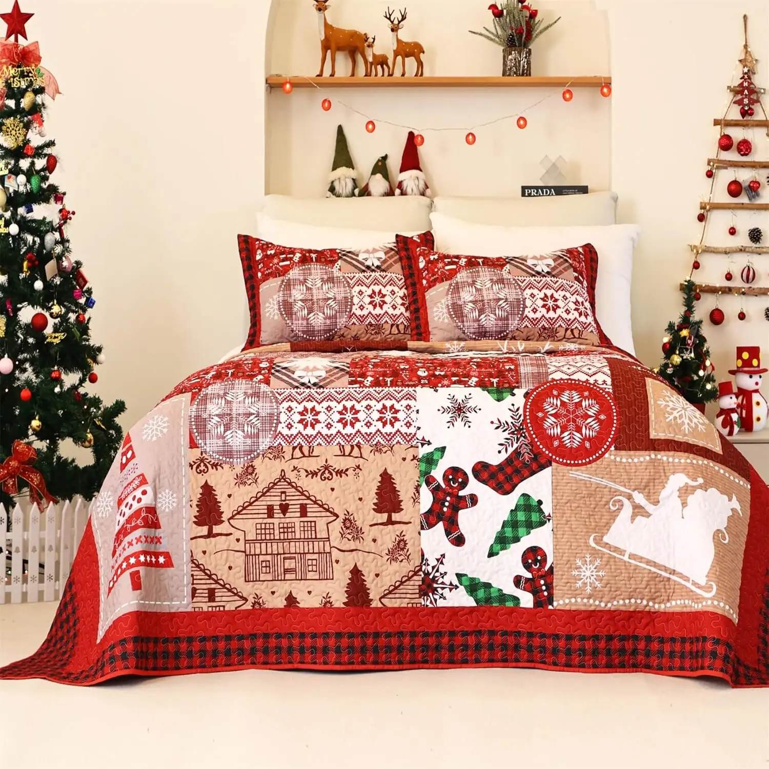 Christmas Quilt Bedding Set  Size,Christmas Snowflakes Santa Claus  Printed Bedding Full,Soft Patchwork Bedspread Coverlet 3 count,Holiday Comforter with 2 Pillow Shams (Red&White,92"x96")