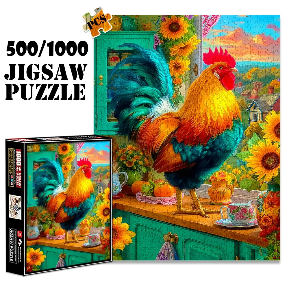 1pc 1000 piece adult puzzle 70x50cm Colorful Rooster in a Sun - flower Filled Kitchen Scene 500 pieces paper jigsaw puzzle House Puzzle suitable for DIY creative games for adults and families, birthday and hol Birdie Jigsaw Puzzle